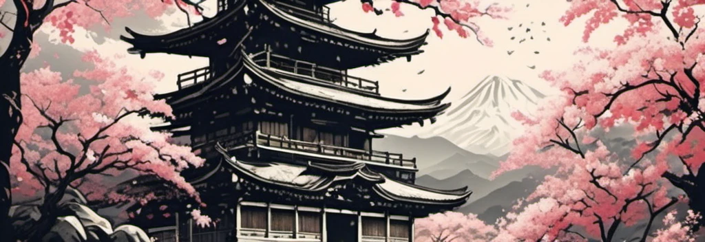 (best quality,highres:1.2),ultra-detailed,traditional Japanese samurai armor,warrior,stoic expression,serious,skilled swordsmanship,classic katana,samurai code of honor,sacred devotion,falling cherry blossom petals,ancient cherry blossom tree,authentic Japanese landscape,peaceful temple in the distance,subtle light and shadow,sublime artistry,brushstrokes,deep black ink wash,Manga-inspired,traditional woodblock print style,vibrant colors,delicate linework,faint scent of incense,serene atmosphere