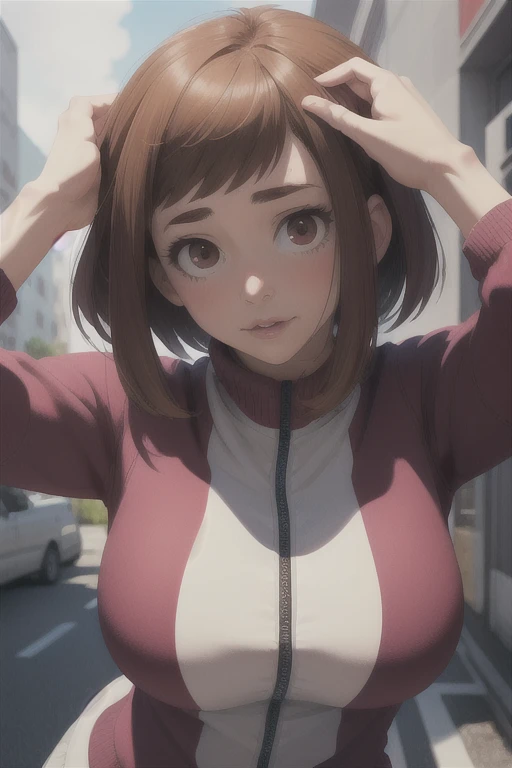 Ochako uraraka ((Pecho muy grandes)) Surrealism, 8k, super detail, anatomically correct, accurate, UHD, masterpiece, textured skin, super detail, high details, high quality, best quality, highres, con una tanga en la mano, fondo random, pose random, realistic busty milk