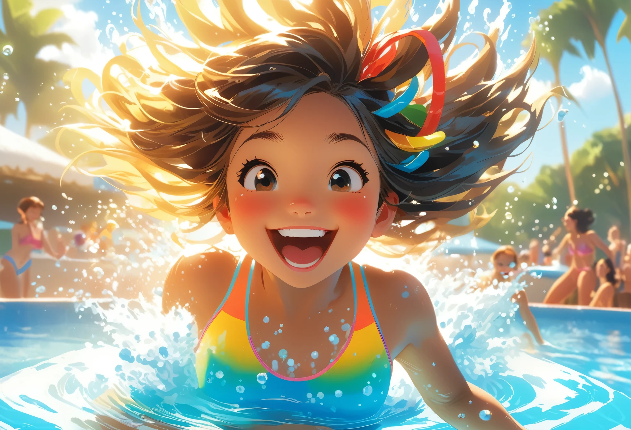 The illustration is dominated by a bright and spacious indoor pool. The water is crystal clear, sparkling under the reflection of the sun’s rays. BREAK Depicted in the scene is a girl, full of energy, playing joyously at a pool party. She dashes around, occasionally splashing water, her big smile radiating happiness. Her hair, wet and glistening, has droplets of water trickling down from it. BREAK Her swimsuit, vibrant with summer colors, mirrors her lively and spirited personality. Around her, water splashes scatter in sync with her movements, emphasizing her speed and energy.,kemono