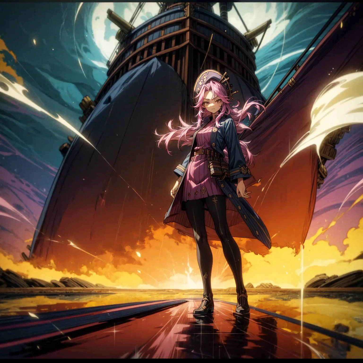 1girl, Full body version, 1character, adult girl version, gold eyes color, long haircut, pink colour hair, queen style clothing, blue colour clothing, pirate hat, sword in hand, Grassroots, background in Pirate Ship, motion blur, (Hunter x Hunter style), standing gesture, (low angle view) , aura effect, lighting aura, smoke effect, lighting sun, sun, plasma effect, aura body, 