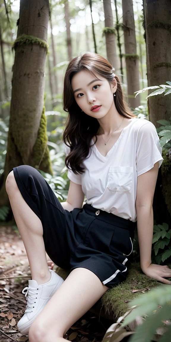 masterpiece, best quality, Surreal, Ultra Detailed, 8k resolution, RAW photos, Clear focus, (A girl in the forest:1.8), ((light gray shirt)), sleeveless, sports Shorts,, Solitary, Perfect body, Perfect body, Playful and flirty pose,((The calves are straight and thin,Wear high-end brand colored sneakers,)),Bangs to eyebrows、Beautiful brown hair、Beautiful and delicate eyes、Brown eyes、Raise an eyebrow、Bangs to eyebrows、Beautiful brown hair、Beautiful and delicate eyes、Brown eyes、Raise an eyebrow、High Nose、Small nostril、Little mouth、Tempting lips、Mouth slightly open、Beautiful breasts、Full body、Oval face,Phoenix Eyes,Eyebrow, Double eyelids, Long eyelashes, A faint smile, ,She has a pair of eyes as clear as water,Eyebrows are like distant mountains,Creamy skin,Lips like cherry blossoms。Her beauty is not only in appearance,It's more about her fragile yet tenacious temperament,Like a hibiscus flower swaying in the wind,It's pitiful, A faint smile,
32 inches in the chest,(a charming smile:1), (sexy pose),26 years old, light,White shoes,
