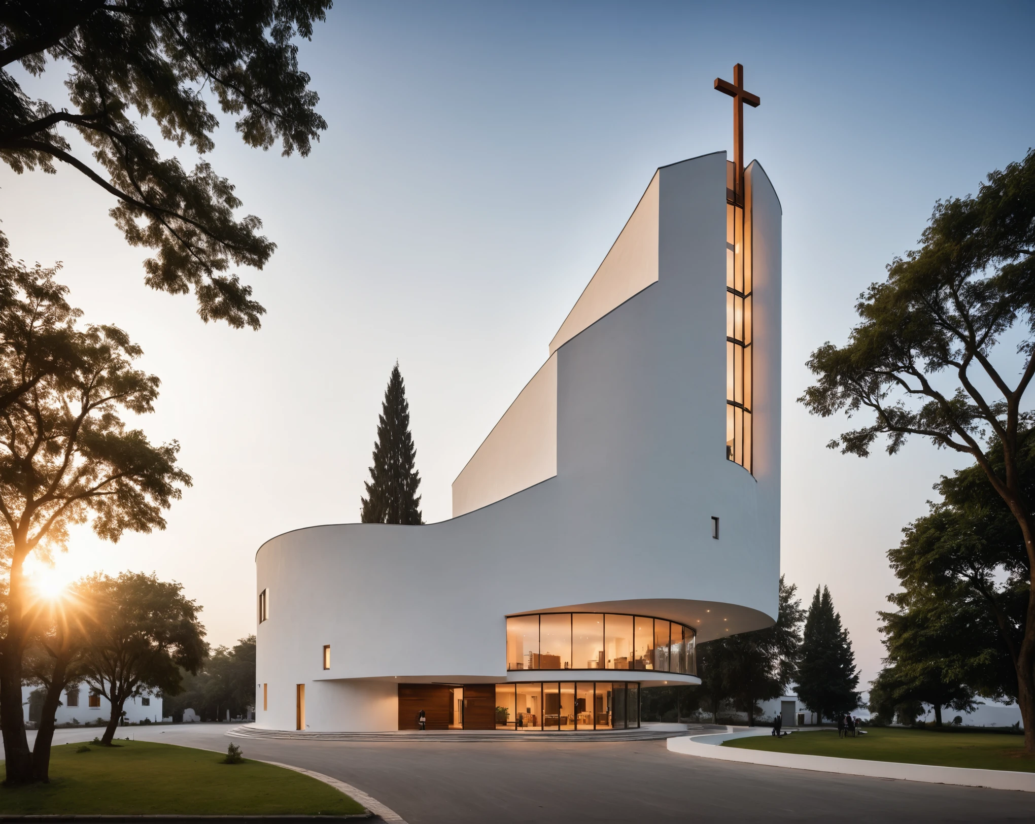 raw photo, best quality, ultra realistic, masterpiece, best quality skin, photography hd, dslr,
tcs, httlvn, modern church, road, people, house, facade design, outdoors, church, white walls, cross on top, curved shape building, 
Dusk, sunshine, 
View from a tree, dof view, 