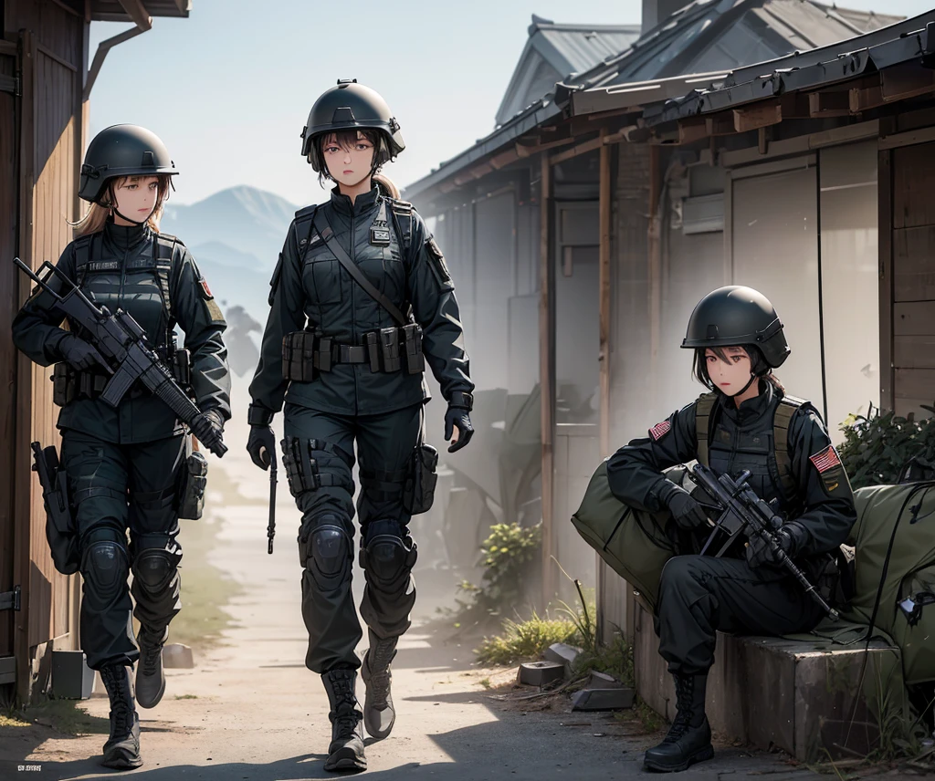 A group of female soldiers wearing all black M-51 combat uniforms,Full helmet、Military Pants、Individual equipment set、Alert with guns,Write details、masterpiece、best quality、Highly detailed CG、8K picture quality