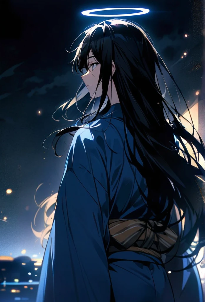 Japanese、male、Black Hair、Long Hair、Hair fluttering in the wind、Blue Kimono、Back view、A pale halo shines、night、Shining