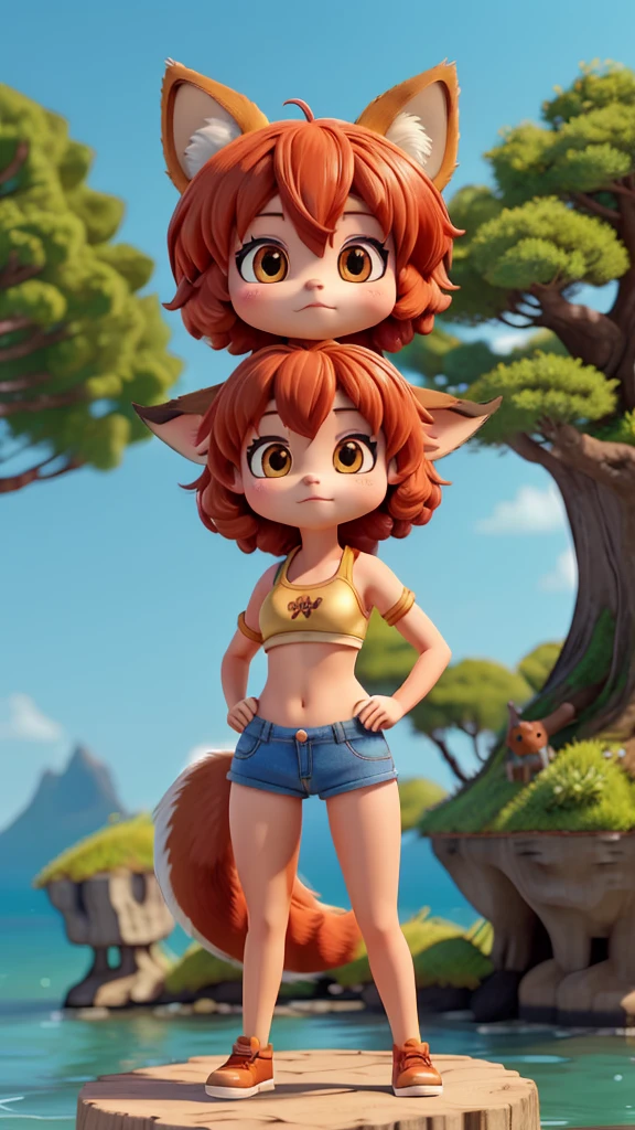 1 girl,
fox girl, fox ears, Fox tail, animal ear fluff, Senko figure stands on an island by the sea,Bonsai, Senko \(Senko-san, the cat who lives in the forest\), Senko-san, small breasts,
wearing jean mini shorts and a sports bra, dynamic pose,
darkness