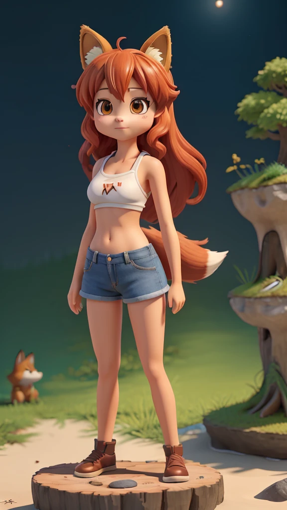 1 girl,
fox girl, fox ears, Fox tail, animal ear fluff, Senko figure stands on an island by the sea,Bonsai, Senko \(Senko-san, the cat who lives in the forest\), Senko-san, small breasts,
wearing jean mini shorts and a sports bra, dynamic pose,
darkness