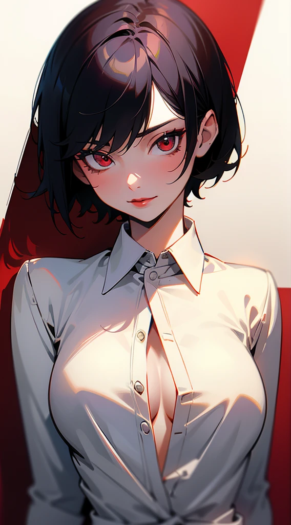 {8k image}, 1girl (solo), beautiful woman, 23 years old, black short hair (pixie cut), red eyes, red lipstick, medium breasts, wearing a formal shirt, looking at the viewer with a sexy expression, facing te camera, {face portrait}, just face and chest pic, {centered image}, no background, manga art style, lineart