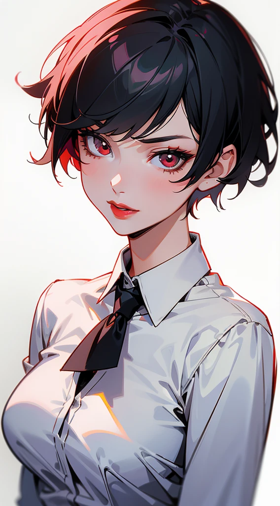 {8k image}, 1girl (solo), beautiful woman, 23 years old, black short hair (pixie cut), red eyes, red lipstick, medium breasts, wearing a formal shirt, looking at the viewer with a sexy expression, facing te camera, {face portrait}, just face and chest pic, {centered image}, no background, manga art style, lineart