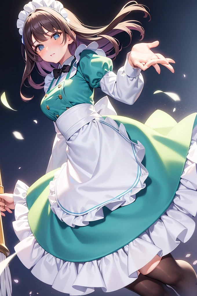 masterpiece, best quality,1girl, solo,whtie hair,medium hair,blue eyes,long sleeves,juliet sleeves,apron,maid,maid headdress,puffy sleeves,green dress,vest,buttons, white thighhighs,standing, looking at viewer, nose blush, (holding floor cleaning mop:1.2),