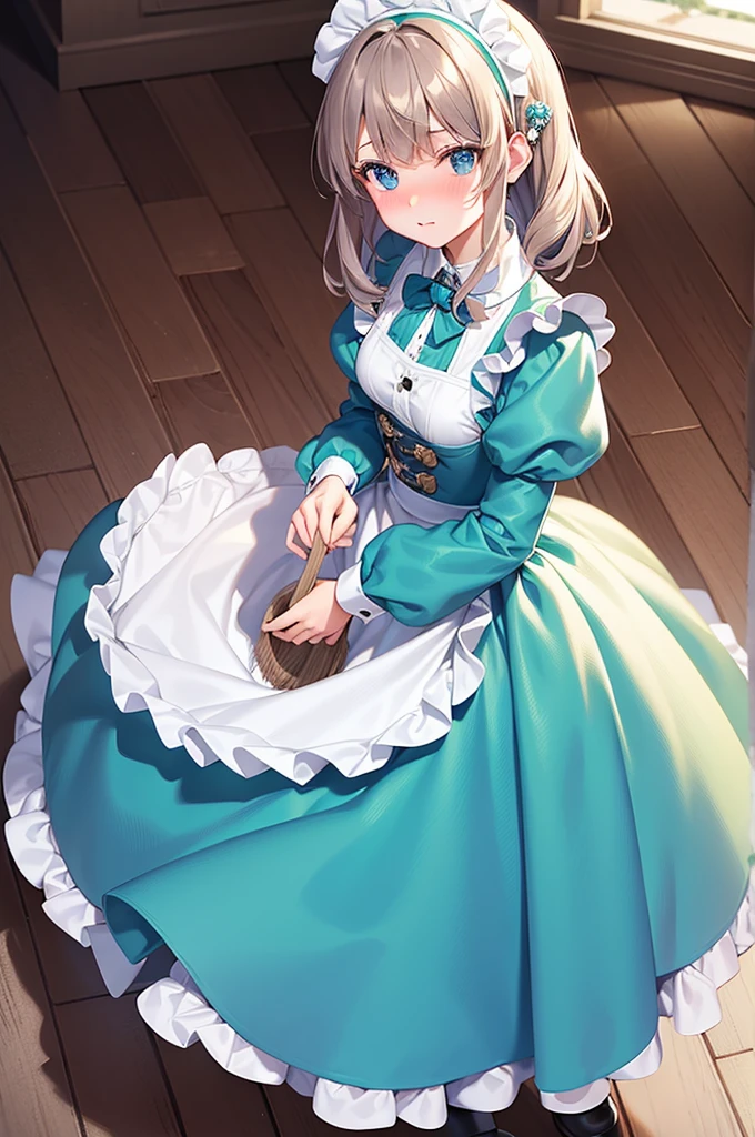 masterpiece, best quality,1girl, solo,whtie hair,medium hair,blue eyes,long sleeves,juliet sleeves,apron,maid,maid headdress,puffy sleeves,green dress,vest,buttons, white thighhighs,standing, looking at viewer, nose blush, (holding floor cleaning mop:1.2),