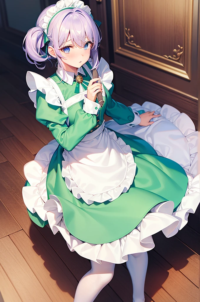 masterpiece, best quality,1girl, solo,whtie hair,medium hair,blue eyes,long sleeves,juliet sleeves,apron,maid,maid headdress,puffy sleeves,green dress,vest,buttons, white thighhighs,standing, looking at viewer, nose blush, (holding floor cleaning mop:1.2),