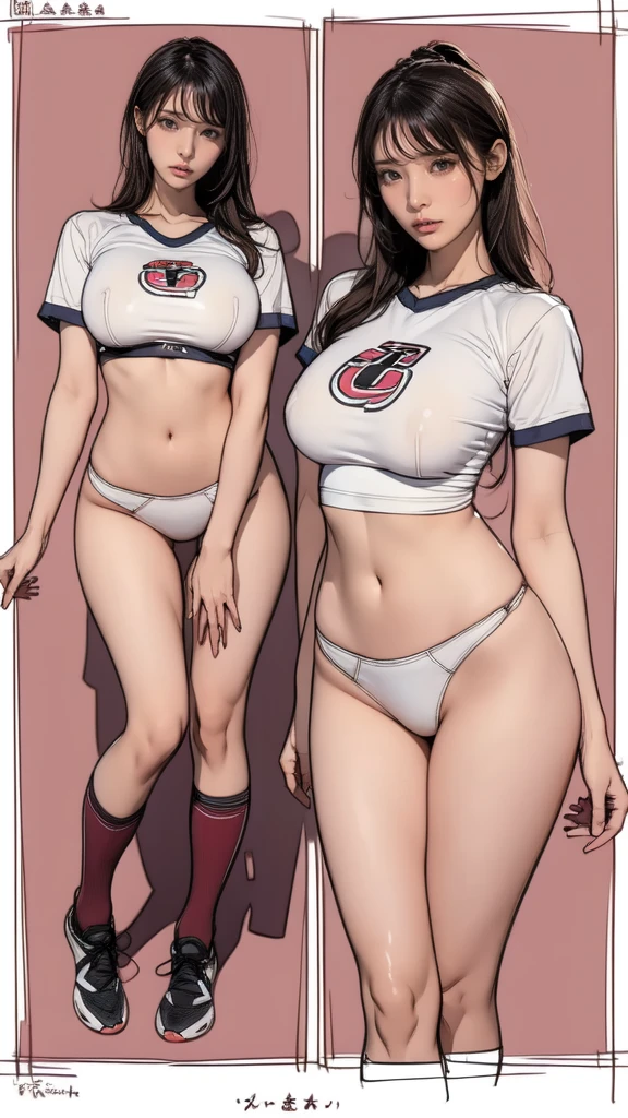 ((masterpiece)),(((best quality))),((Character Design Sheet)),((sketch)),((vulgar)),Thick thighs,1 girl,Big deal ,((Between breasts)),Cat Juice,Wearing wet sexy soccer uniform and soccer shoes,Half-lifted shirt,milking