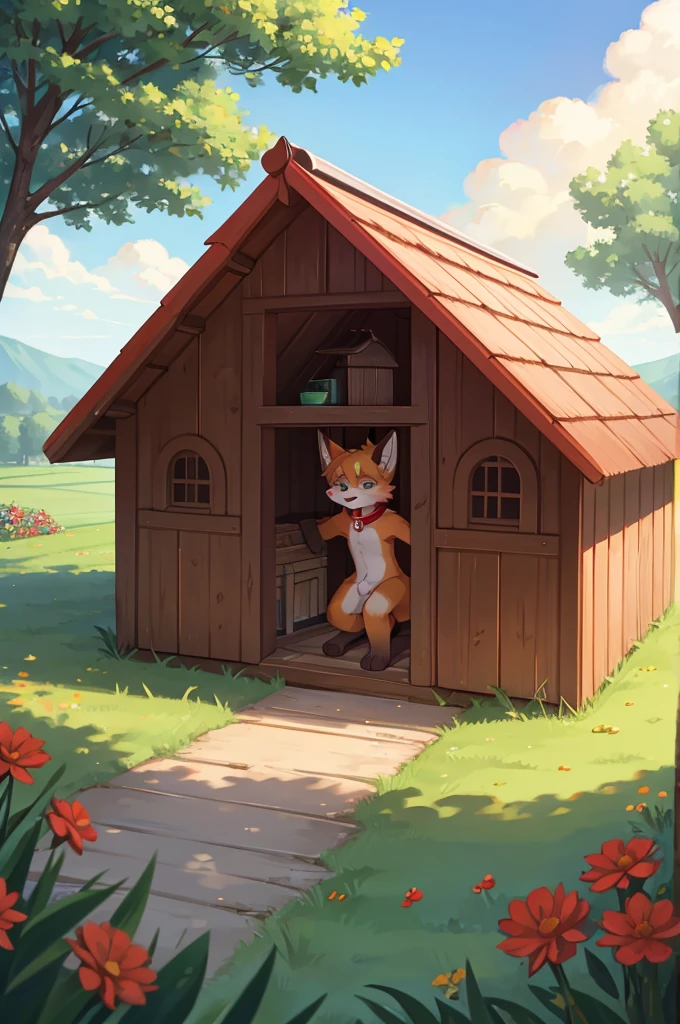 fox boy,Living in a doghouse,Red collar,8K resolution, high resolution,New Countryside,It's bright outside,The weather is bright,One person