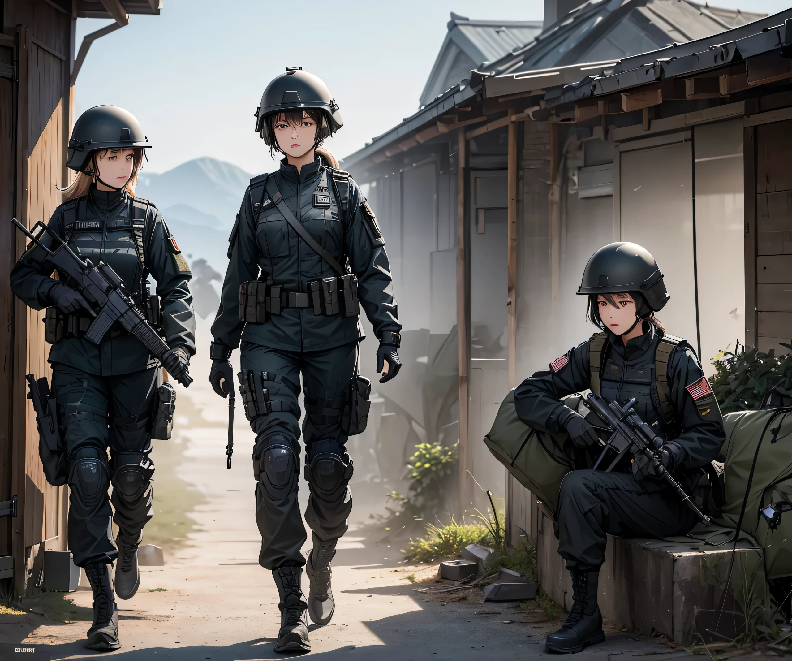 A group of female soldiers wearing all black M-51 combat uniforms，Full helmet、Military Pants、Individual equipment set、Alert with guns，Write details、masterpiece、best quality、Highly detailed CG、8K picture quality