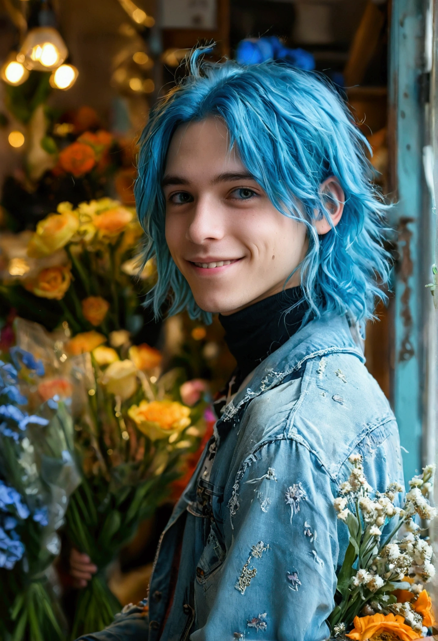 A young man, Blue Hair，Light blue hair ends, Smile, Silver eye color, A bouquet of flowers, flower shop