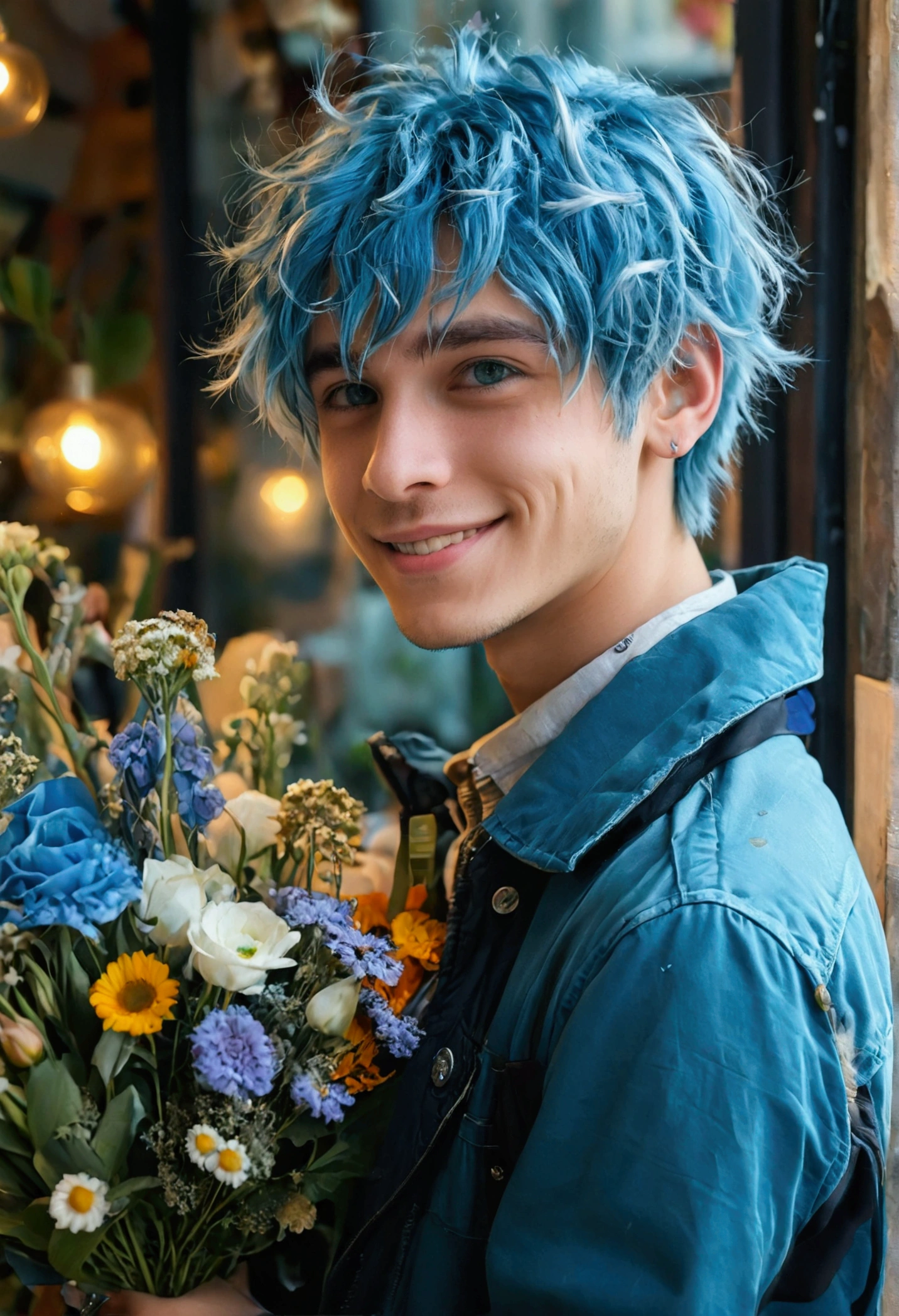 A young man, Blue Hair,Light blue hair ends, Smile, Silver eye color, A bouquet of flowers, flower shop