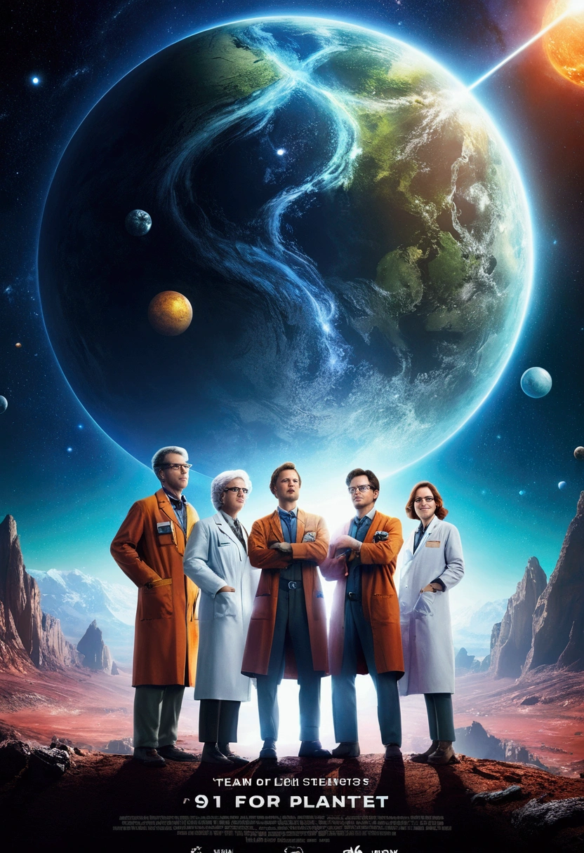 a movie poster about a team of confident scientists discovering a new light planet, optimistic, bright, inspiring, detailed, real life photography, realistic, 4k,