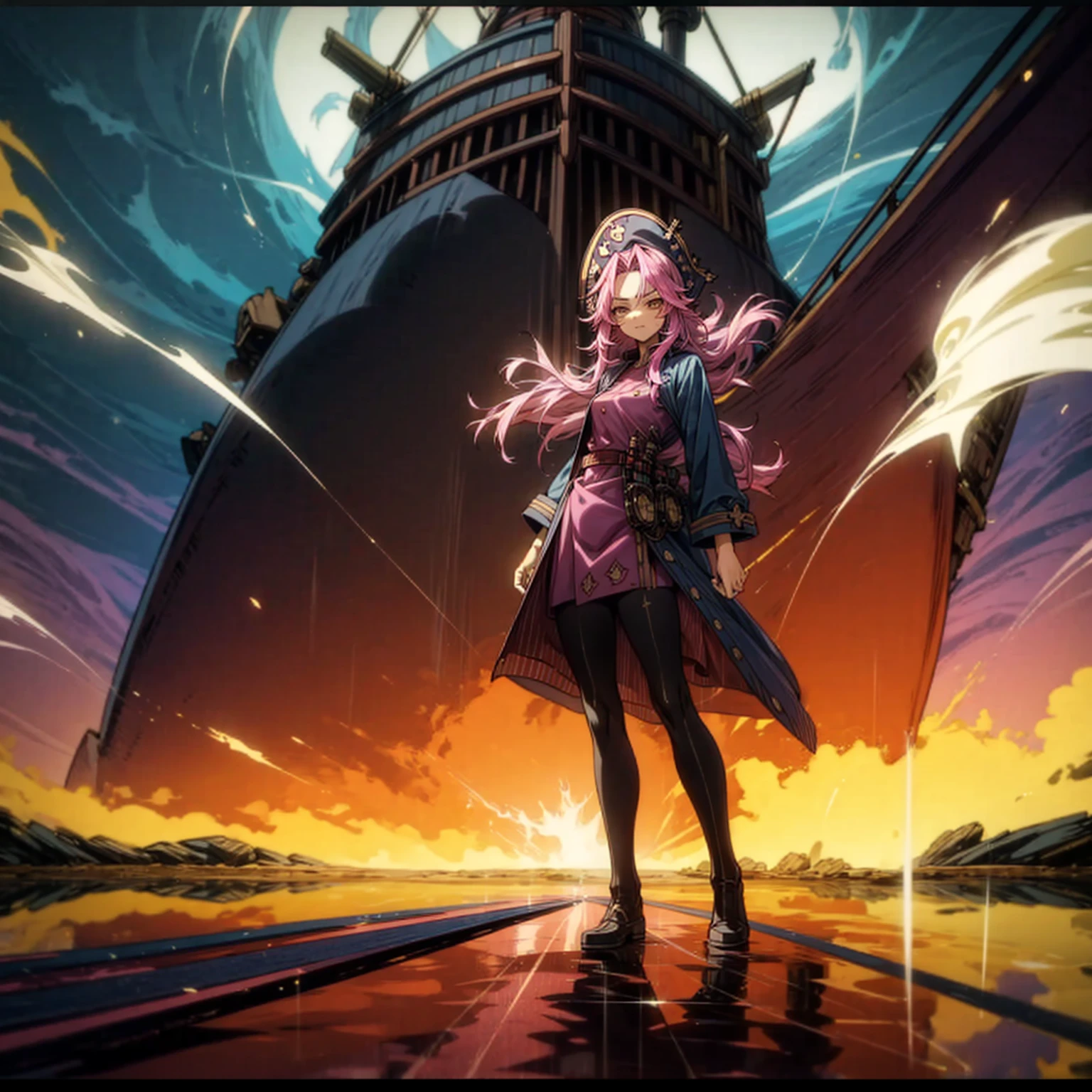 1girl, Full body version, 1character, adult girl version, gold eyes color, long haircut, pink colour hair, queen style clothing, blue colour clothing, pirate hat, sword in hand, Grassroots, background in Pirate Ship, motion blur, (Hunter x Hunter style), standing gesture, (low angle view) , aura effect, lighting aura, smoke effect, lighting sun, sun, plasma effect, aura body, 