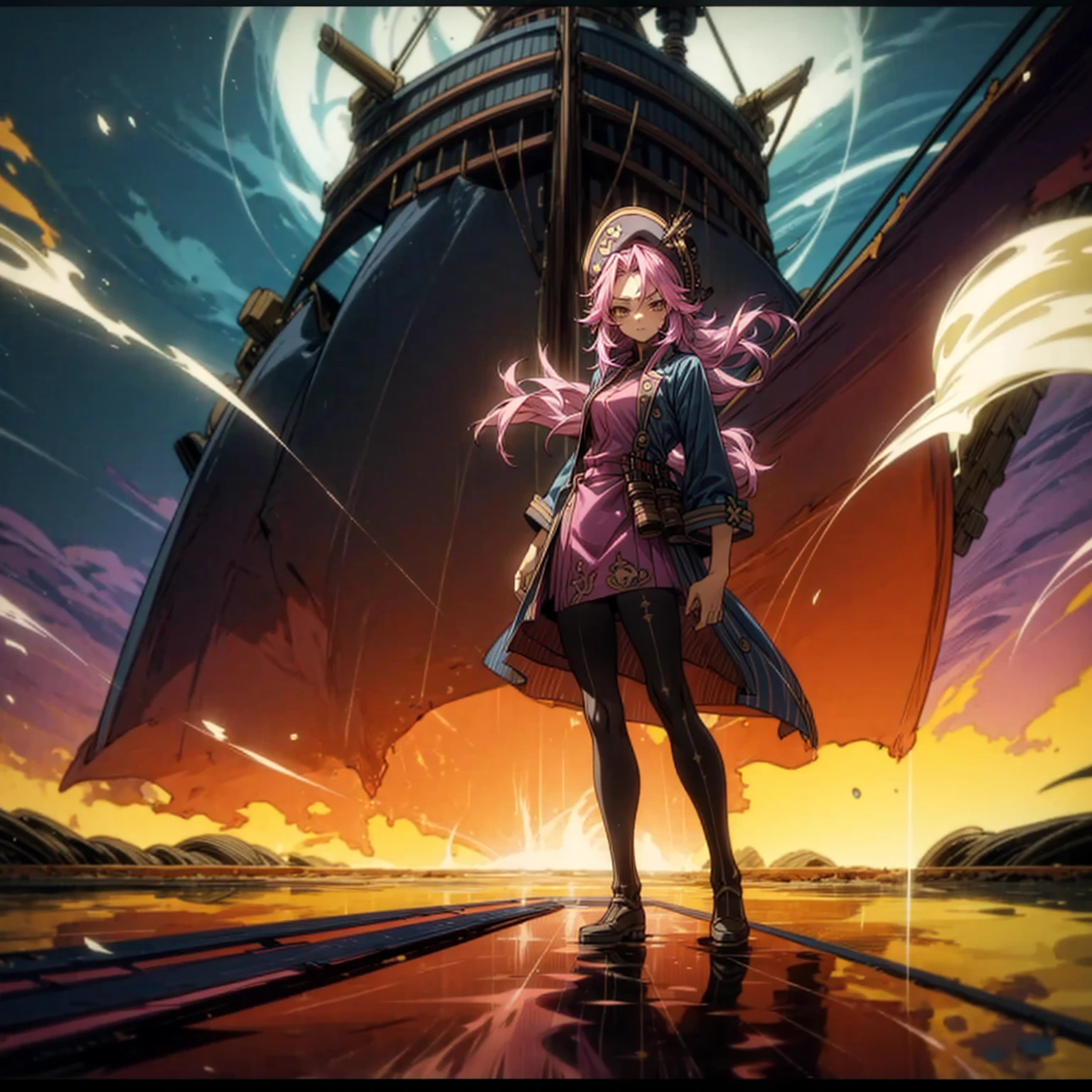 1girl, Full body version, 1character, adult girl version, gold eyes color, long haircut, pink colour hair, queen style clothing, blue colour clothing, pirate hat, sword in hand, Grassroots, background in Pirate Ship, motion blur, (Hunter x Hunter style), standing gesture, (low angle view) , aura effect, lighting aura, smoke effect, lighting sun, sun, plasma effect, aura body, 