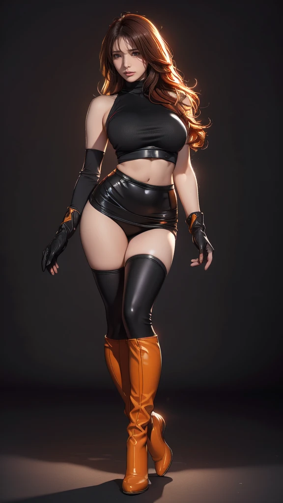 (best quality,4k,8k,highres,masterpiece:1.2),ultra-detailed),HDR,UHD,1girl, full body of beautiful jessie, (black turtleneck top), looking at viewer, volumetric lighting, best quality, masterpiece, realistic , (gigantic breasts), 1girl, face portrait of cassidy evil smile, team rocket,volumetric lighting, best quality, masterpiece, retro artstyle, ((cassidy)), (gigantic breasts), (orange hair), ((team rocket uniform)), short black skirt,midriff, ((long black boots)), pantyhose, navel, long hair, ((black opera gloves)), cowboy shot
