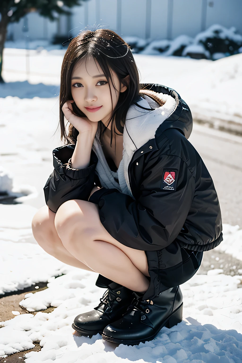 Top image quality、Very high resolution、table top、Photo quality(photographic realistic:1.8)、pores、precision、realistic skin textures、(beautiful hands)、(skinny legs)、japan women、 18 years old、front、short hair、A brunette、Girl with a cute smile、thin girl、chest、flat chest、Squatting on a snowy road、I put a chain on my car tire、 black down jacket、short boots、Wear work gloves、Beautiful snow、There's a little snow on the head、
