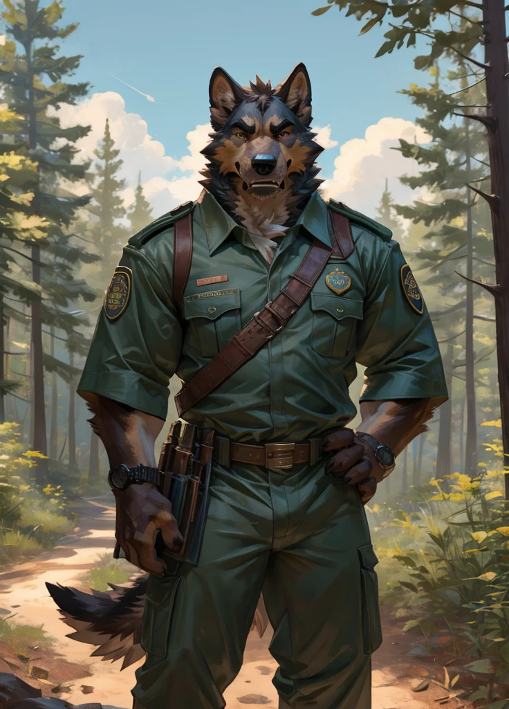 By Taran Fiddler, one man, anthro canine (irish wolfhound), hound dog breed, brown fur, dilf, wrinkly face, bushy eyebrows, wearing park ranger uniform, hands to his hips, stern facial expression, looking at viewer, snarling, grumpy, standing infront of a ranger tower, wooded forest background, national park in the background, watch tower in the background