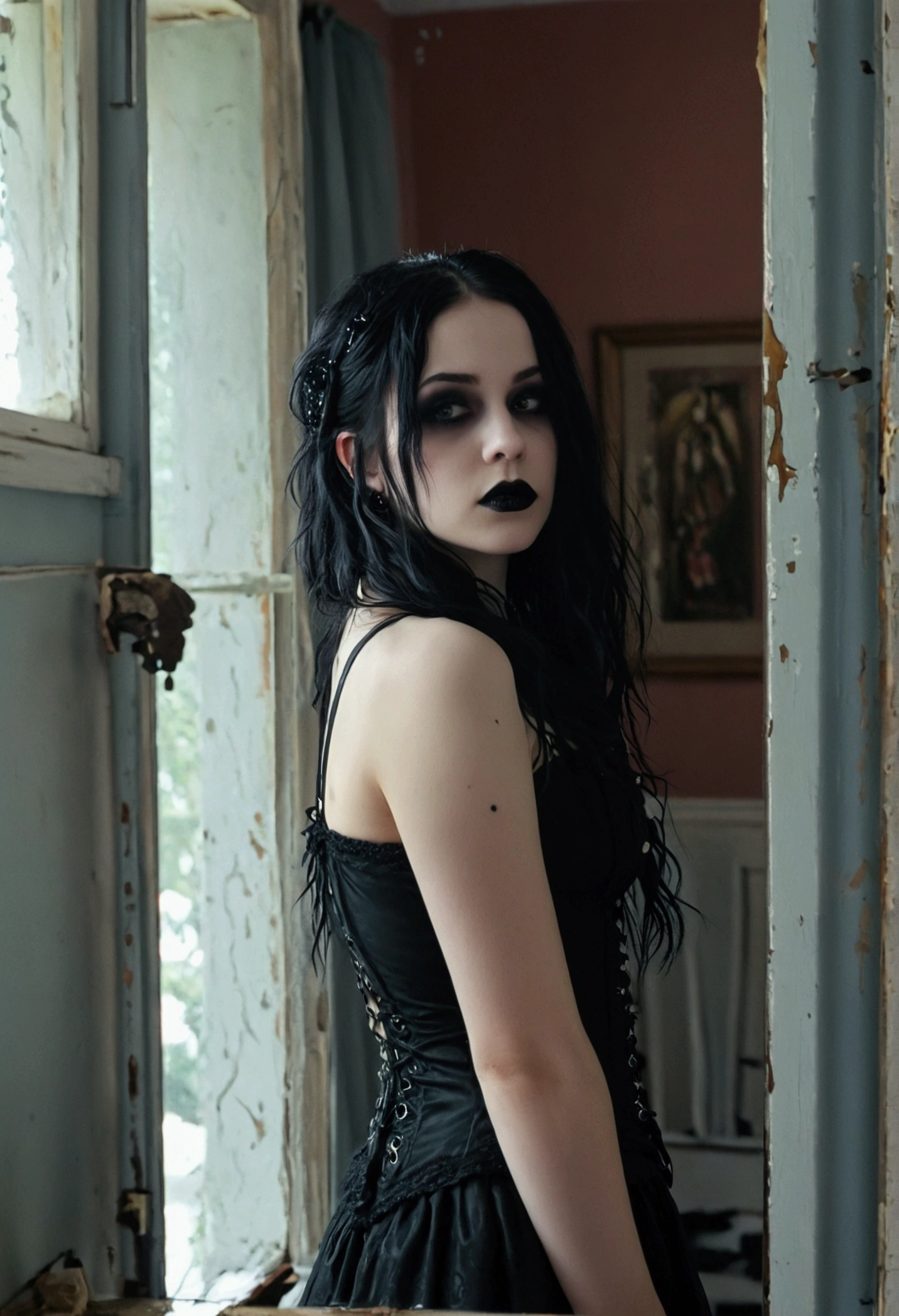 full body, 22 years goth girl in front of mirror. Inside house shot. Realistic, taken with a Samsung cellphone