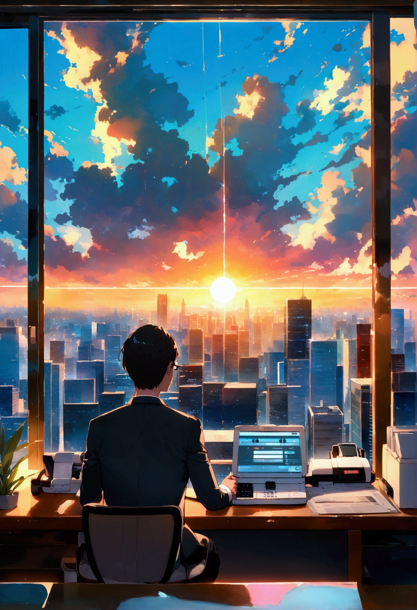 Modern Japanese office with businessman using fax machine, futuristic cityscape visible through window