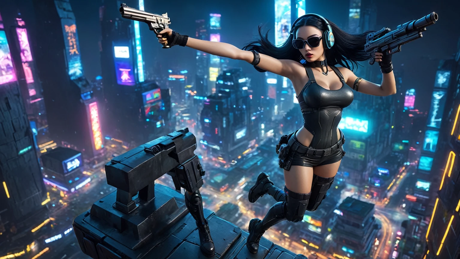 At night, dark sky, aerial view of fantasy cyberpunk style ((Moai-statue)) city, ((flying vehicle)). ((1girl, solo, alone)), medium-breast:1.1 slim body, cleavage, sexy clothes, (headphone, black sunglasses, long black realistic hair), (((hip-up standing and pistol aiming pose))), half-body thigh level medium shot, cinematic lighting.