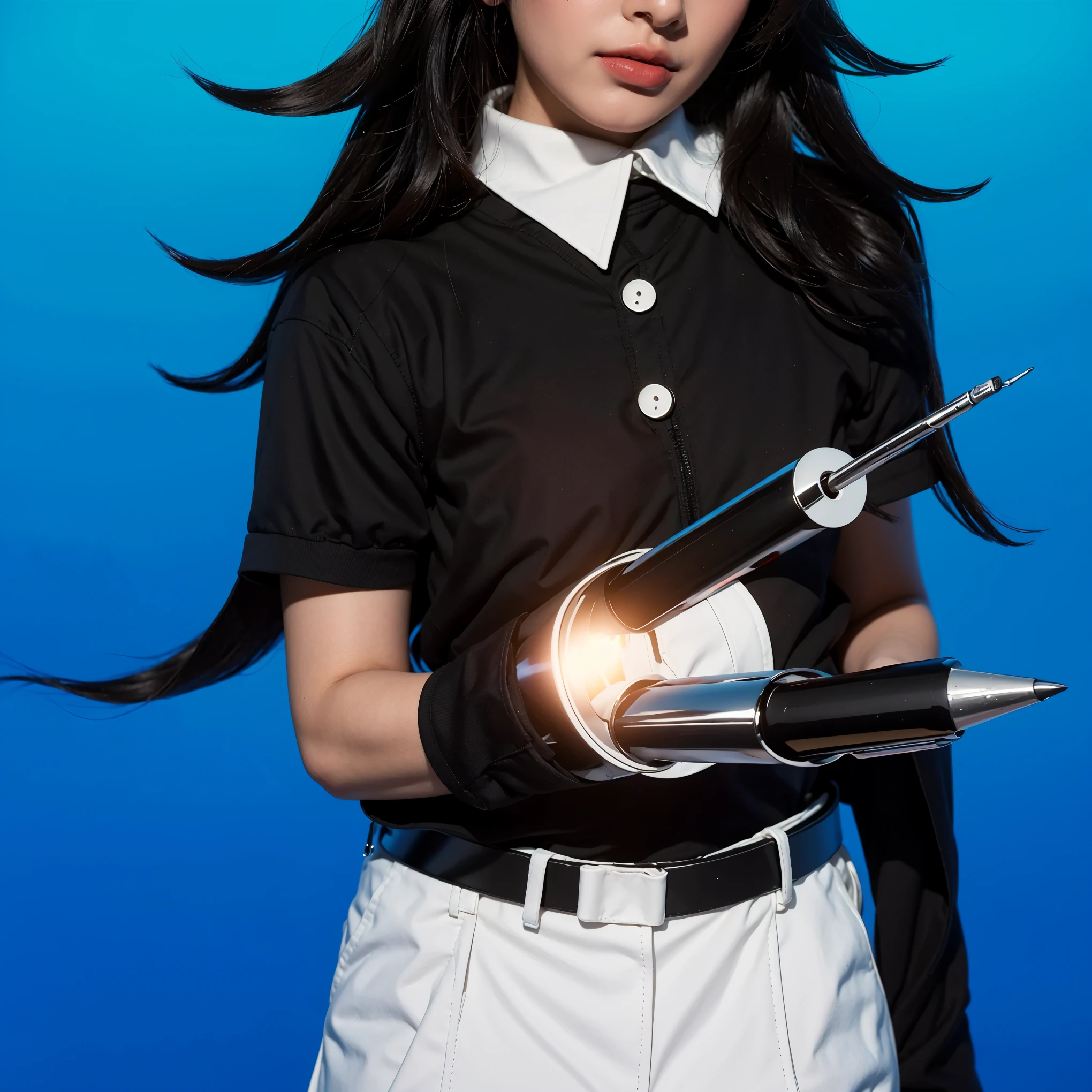 hair coneshair coneshair coneshair coneshair coneshair coneshair coneshair coneshair coneshair conesThis image features a character dressed in a dark, collared shirt and white pants, styled with a futuristic, robotic arm wielding a silver gun. The character's dramatic appearance is enhanced by long, black hair with pointed, horn-like extensions and dark lipstick, adding a gothic or villainous flair. Set against a plain blue background, the focus is drawn to the contrast between the character's attire and the high-tech armament, suggesting a blend of traditional and sci-fi elements, likely for a thematic or storytelling purpose. The overall composition of the image is both eye-catching and charming, effectively conveying a sense of joy and creativity.ffects render, (glossy plastic texture with multiple big light probe refractions), perfect cgi, smooth silhouette, high intensity refraction, (super glossy plastic material), most beautiful vfx, , realistic, 4k, high resolution, rim light, smooth 3d model, multiple light sources, rim light, sharp post effects render,, realistic, 4k, high resolution, rim light detailed digital art, reflective, best quality, 4k, masterpiece:1.2, ultra-detailed, realistic, vivid colors, The image of the highest quality, ensuring every detail showcased perfectly. It in 4k resolution, allowing viewers to immerse themselves in the richness of the colors and intricate details. The realistic rendering. under the spotlight, reflecting, high-resolution image, realistic rendering
