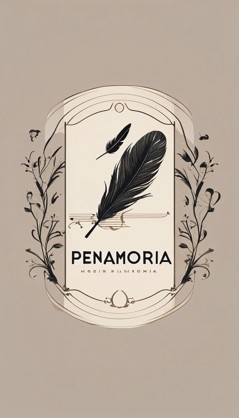 A minimal, modern, simple, cinematic logo design for the brand “Penamemoria". The logotype must be a simple, magical feather and a boy playing acoustic guitar. The logo must convey a sense of music, stories and dreams. Logo design impressed on a book cover. Minimalistic logo