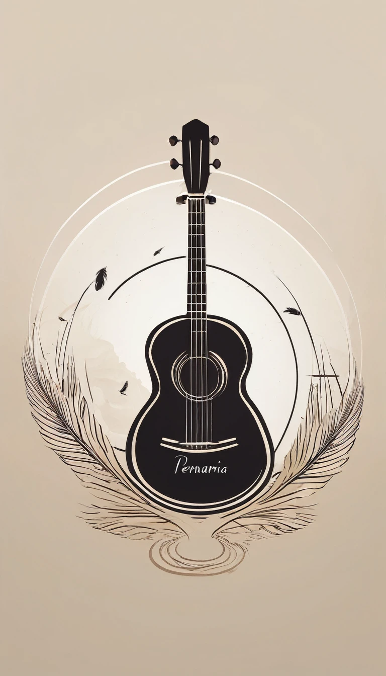A minimal, modern, simple, cinematic logo design for the brand “Penamemoria". The logotype must be a simple, magical feather and a boy playing acoustic guitar. The logo must convey a sense of music, stories and dreams. Logo design impressed on a book cover. Minimalistic logo
