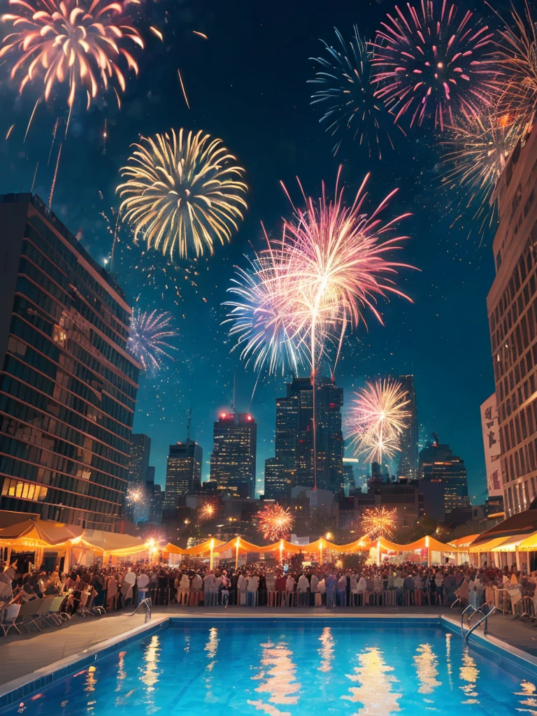 (best quality, 4k, 8k, highest, masterpiece:1.2), ultra-detailed, (realistic, photorealistic, photo-realistic:1.37), ((pool party:1.2)), vibrant colors, explosive lights, colorful sparks, dazzling display, night sky, celebration, cheerful atmosphere, joyful, fireworks show, lit up city skyline, excitement, thrilling, bokeh, illumination, sparklers, glittering, electrifying, grand finale, loud explosions, spectators, amazement, firecrackers, pyrotechnics, multicolored bursts, awesome spectacle.