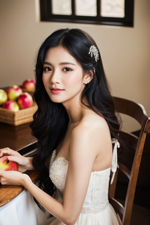 (best quality,4k,8k,highres,masterpiece,),ultra-detailed,(realistic,photorealistic,photo-realistic:1:1), Peeling an apple, thais maid, long hair, black hair, black eyes, sitting on the chair,
