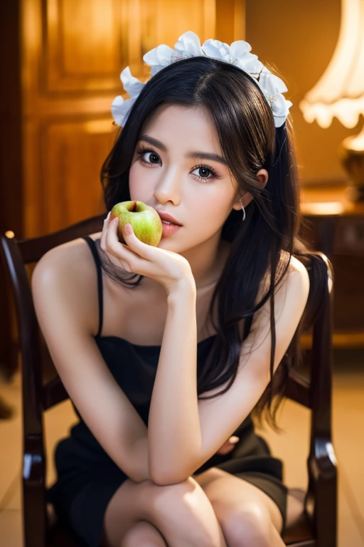 (best quality,4k,8k,highres,masterpiece,),ultra-detailed,(realistic,photorealistic,photo-realistic:1:1), Peeling an apple, thais maid, long hair, black hair, black eyes, sitting on the chair,