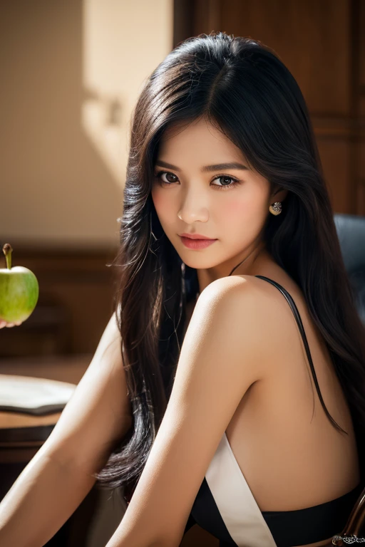 (best quality,4k,8k,highres,masterpiece,),ultra-detailed,(realistic,photorealistic,photo-realistic:1:1), Peeling an apple, thais maid, long hair, black hair, black eyes, sitting on the chair,
