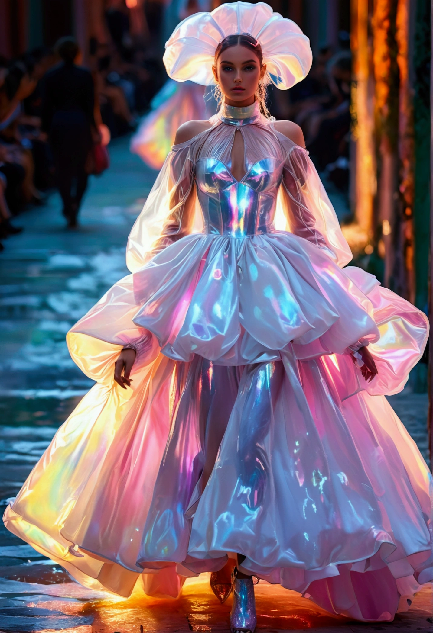 A model wearing an iridescent holographic puffy dress in the style of , with large sleeves and oversized shoulders, light white and pink color, with fluorescent lights on the ground, walking down the fashion runway in Venice during sunset, editorial photography, hyper realistic, hyper detailed, high resolution.