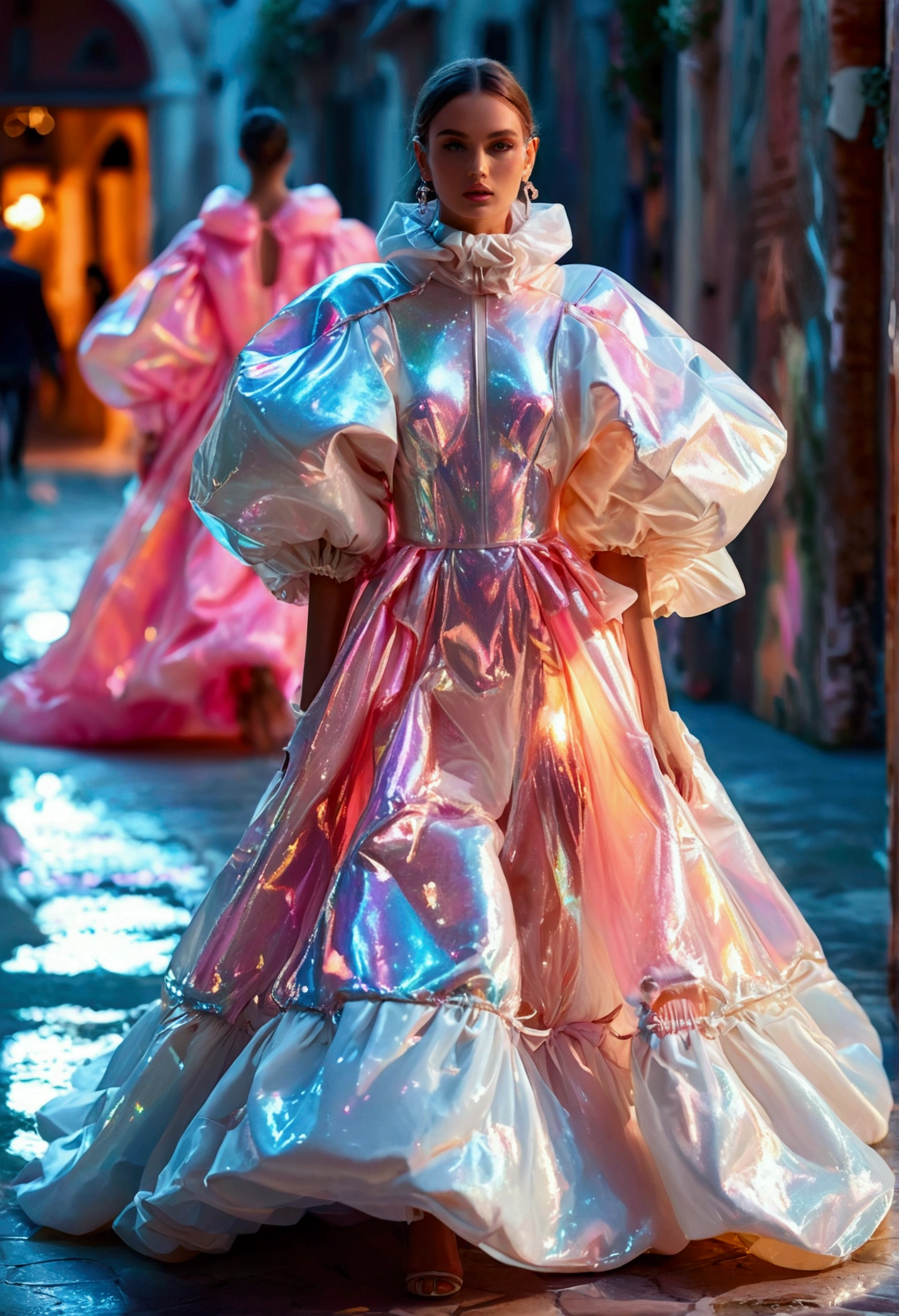 A model wearing an iridescent holographic y dress in the style of , with large sleeves and oversized shoulders, light white and pink color, with fluorescent lights on the ground, walking down the fashion runway in Venice during sunset, editorial photography, hyper realistic, hyper detailed, high resolution.
