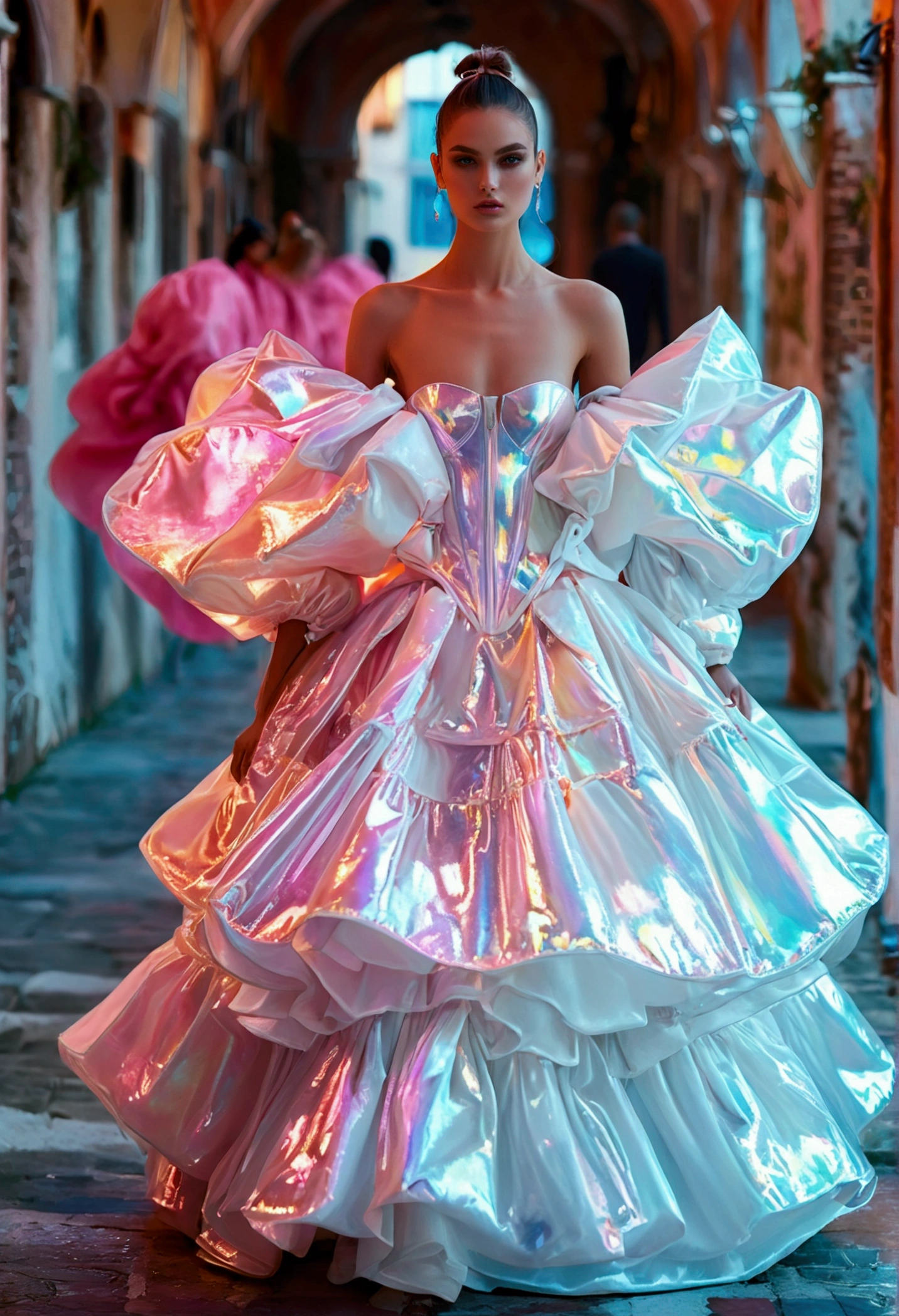 A model wearing an iridescent holographic puffy dress in the style of , with large sleeves and oversized shoulders, light white and pink color, with fluorescent lights on the ground, walking down the fashion runway in Venice during sunset, editorial photography, hyper realistic, hyper detailed, high resolution.

