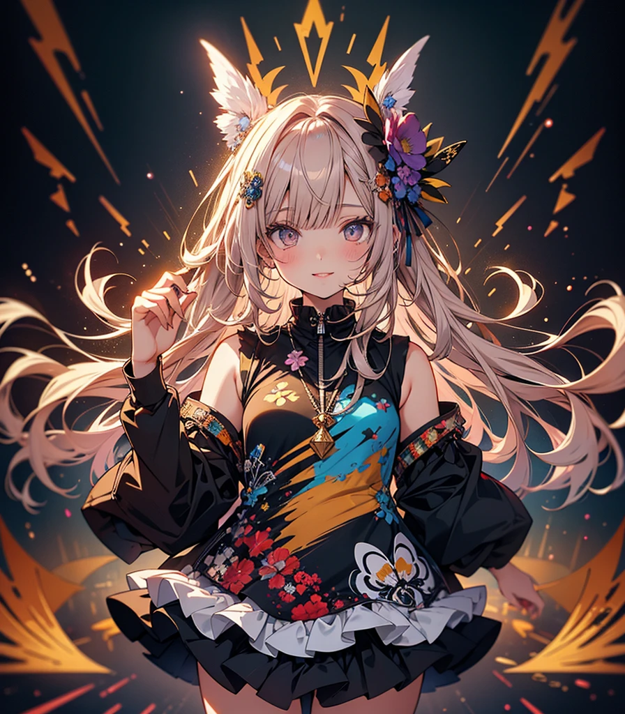 masterpiece, super high quality, ( Highly detailed original illustration),(  Expression of joy, Perfect Eyes, Long Hair, smile,whole body, Perfect body),Dancing, ((Streetwear,Parker Fashion)), ((Hana Sakura)(graffiti)), Double exposure, A fluid fusion of abstract art, Glitch, ( 2D), ( Original illustration composition), ( Limited edition color fusion, Maximalism art style, Geometric art style, fire, Junk Art), Yellow theme, Background Black