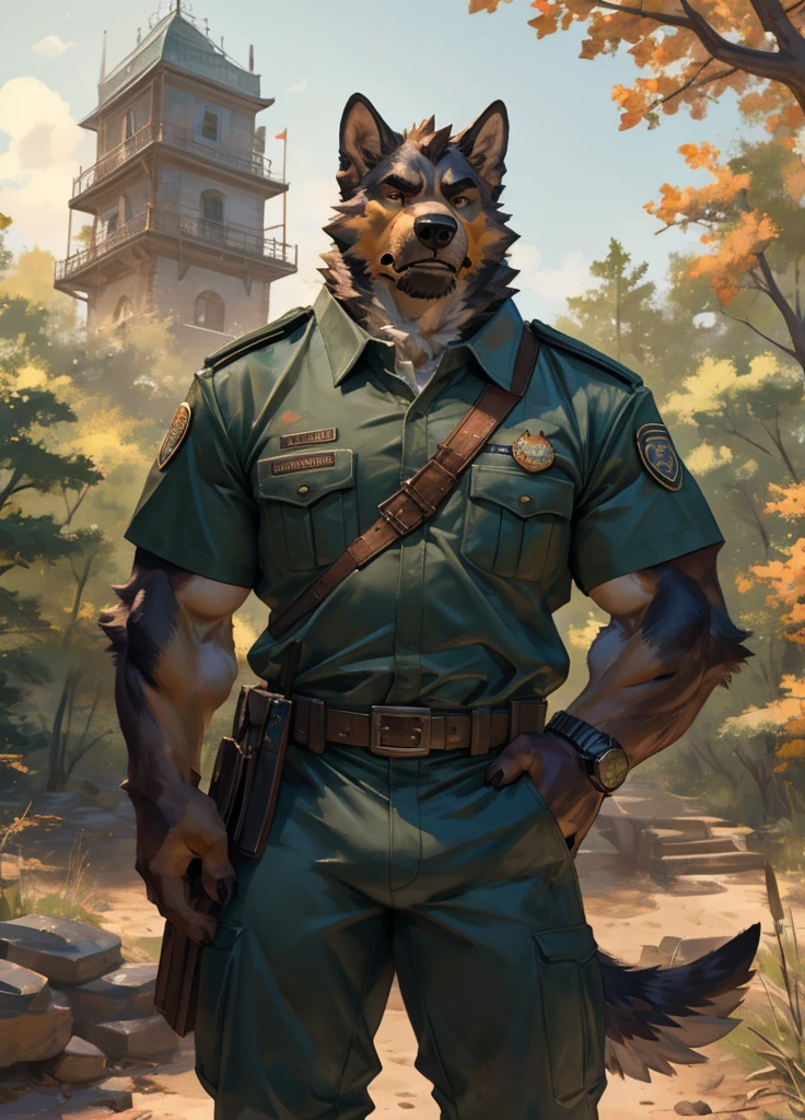 By Taran Fiddler, one man, anthro canine (irish wolfhound), hound dog breed, brown fur, dilf, wrinkly face, bushy eyebrows, wearing park ranger uniform, hands to his hips, stern facial expression, looking at viewer, snarling, grumpy, standing infront of a ranger tower, wooded forest background, national park in the background, watch tower in the background