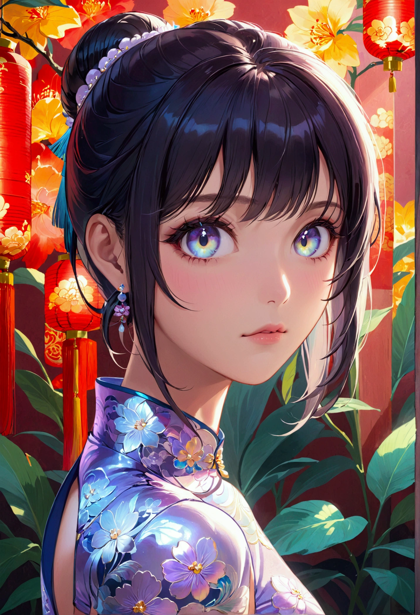 (masterpiece), best quality, expressive eyes, perfect face, Girl,long dark iridescent hair, light iridescent eyes, small waist, medium chest, large thighs, cheongsam, 