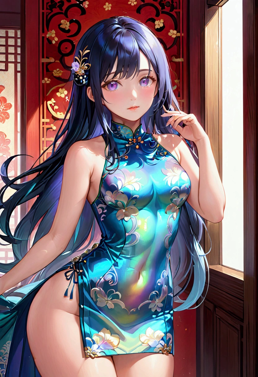 (masterpiece), best quality, expressive eyes, perfect face, Girl,long dark iridescent hair, light iridescent eyes, small waist, medium chest, large thighs, cheongsam,