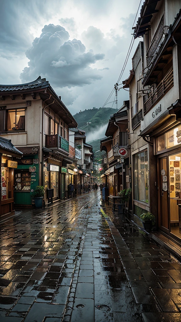 A beautiful must detailed landscape cartoon picture in korea street with a Rainy weather with heavy clouds. And a cafe