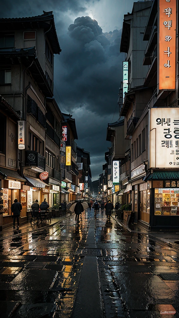 A beautiful must detailed landscape cartoon picture in korea street with a Rainy weather with heavy clouds. And a cafe