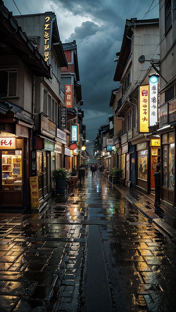 A beautiful must detailed landscape cartoon picture in korea street with a Rainy weather with heavy clouds. And a cafe