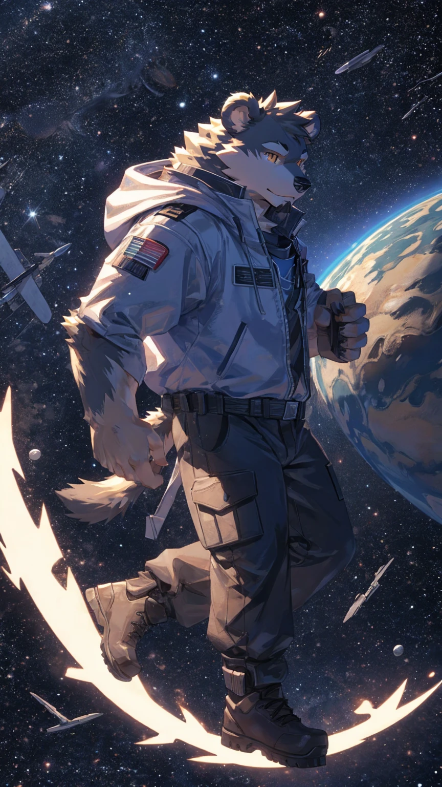 (masterpiece:1.2), best quality,pixiv,official art,perfect anatomy, (Ray tracing, light),solo, (1_male:1.3) , (muscle), (grey fur:1.4), (muscle bear), (beard:1.2), (gleaming golden eyes), bear tail, full body, Thick black eyebrows,(open hooded parka), (naked inside), (cargo pants:1.2), boots , (in the space:1.3) , star , planet , earth , asteroid , (character floating :1.3), clasping round knees