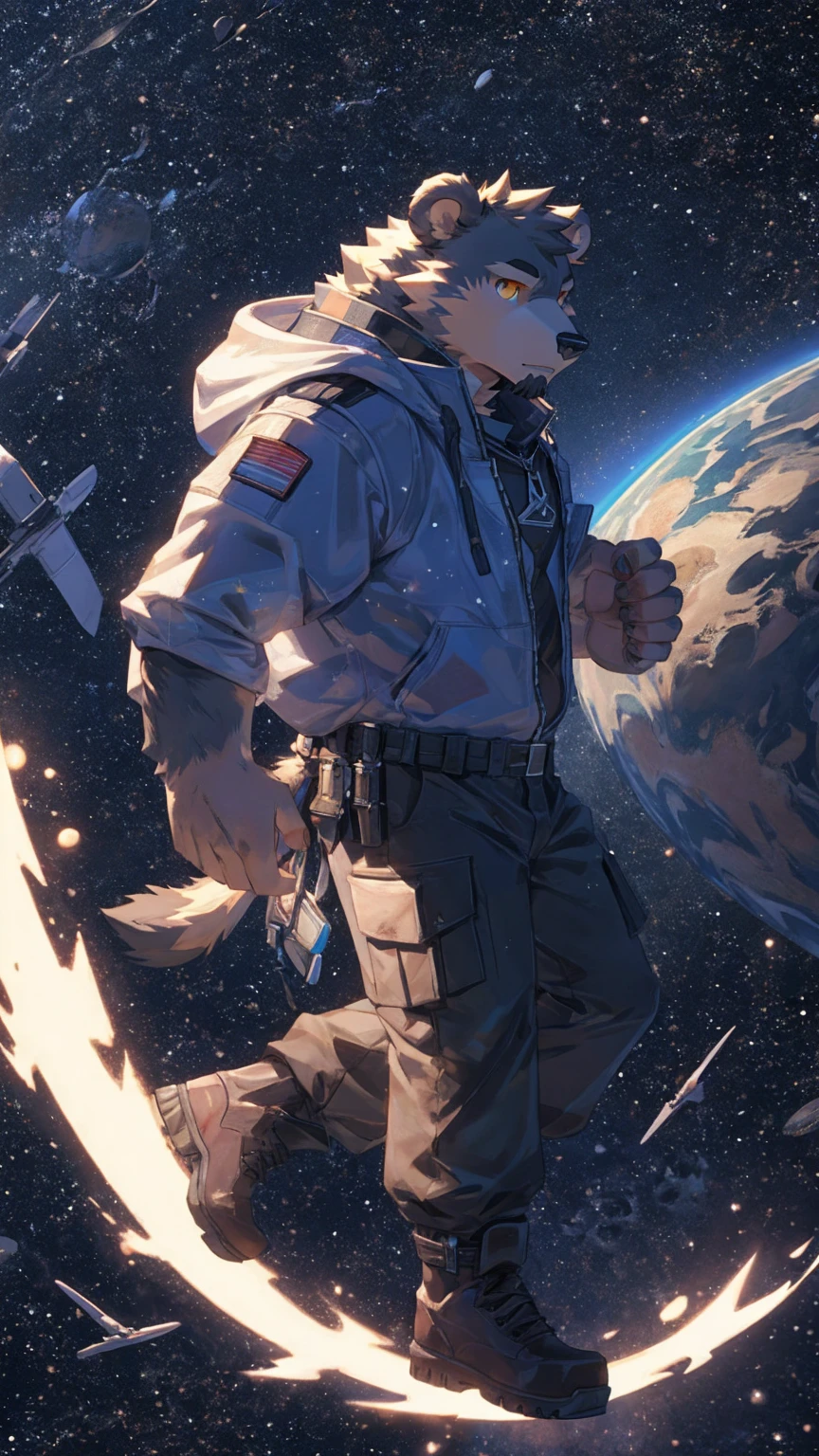 (masterpiece:1.2), best quality,pixiv,official art,perfect anatomy, (Ray tracing, light),solo, (1_male:1.3) , (muscle), (grey fur:1.4), (muscle bear), (beard:1.2), (gleaming golden eyes), bear tail, full body, Thick black eyebrows,(open hooded parka), (naked inside), (cargo pants:1.2), boots , (in the space:1.3) , star , planet , earth , asteroid , (character floating :1.3), clasping round knees