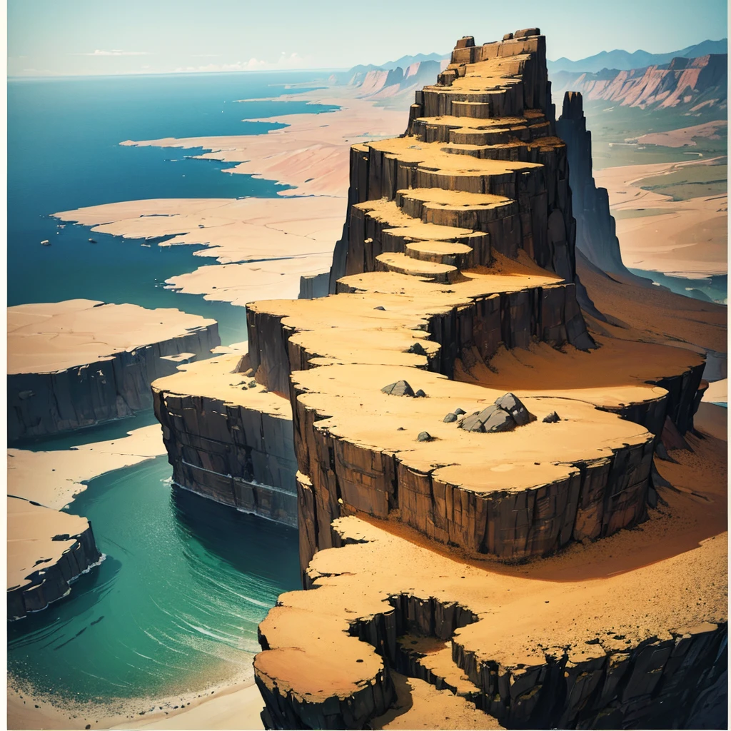 ((((No humans))))、Yellow sand in the sky,The background is a vast rocky mountain,Rich colors,デジタルLandscape painting, Detailed Landscape — Width 672, Landscape painting, Environmental Design Illustration, Landscape painting 詳細, landscape, Concept Art, Highly detailed digital art in 4K, 4K Digital Painting, 4K Digital Painting, Amazing digital illustrations, Desert Background, デジタルペインティングConcept Art, Detailed digital painting, Inspired by Christophe Vaché、From above at an angle、cliff