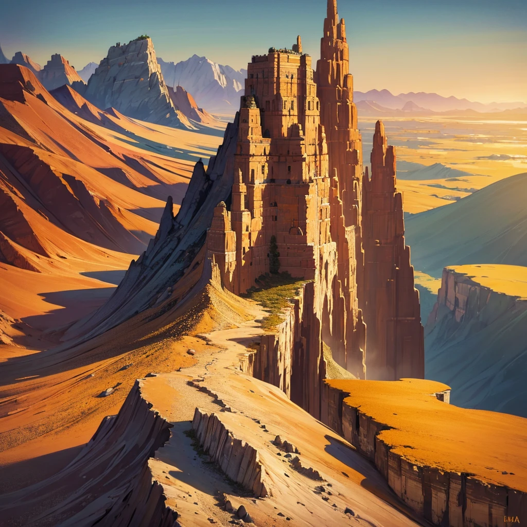 ((((No humans))))、Yellow sand in the sky，The background is a vast rocky mountain，Rich colors，デジタルLandscape painting, Detailed Landscape — Width 672, Landscape painting, Environmental Design Illustration, Landscape painting 詳細,  landscape, Concept Art, Highly detailed digital art in 4K, 4K Digital Painting, 4K Digital Painting, Amazing digital illustrations, Desert Background, デジタルペインティングConcept Art, Detailed digital painting, Inspired by Christophe Vaché、From above at an angle、cliff